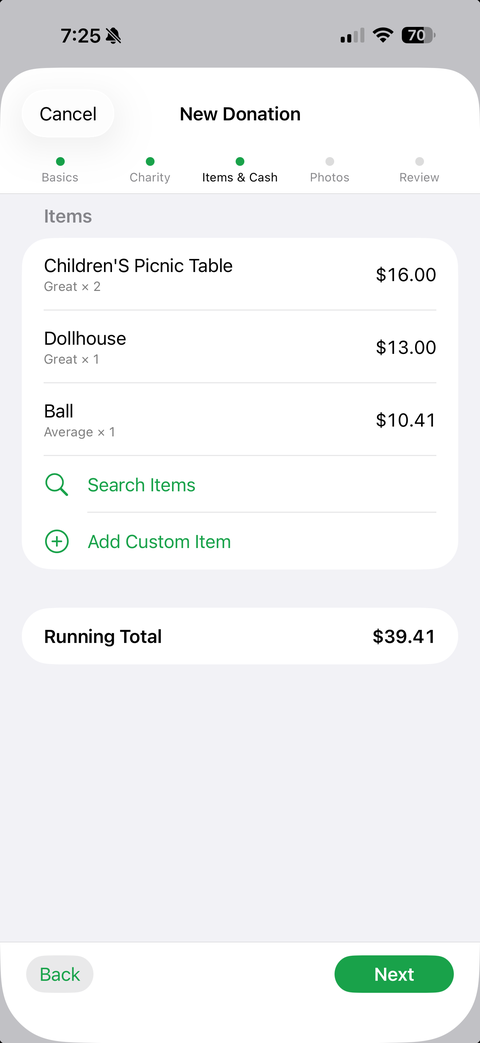 Donation wizard on iPhone: add items with photos