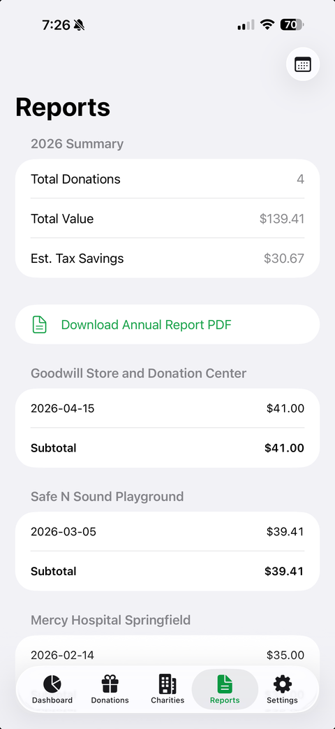 Reports screen on iPhone generating the annual summary