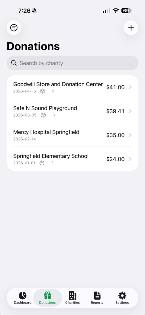 Donation list on iPhone showing the household's shared record